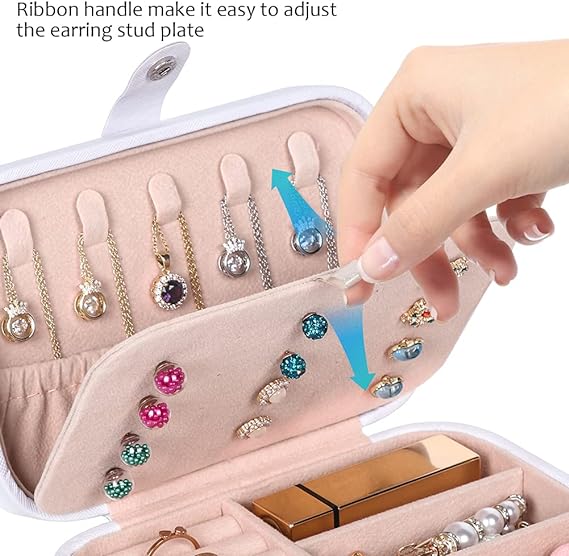 Personalized Rectangular PU Leather Snap Button Travel Jewelry Box Case Organizor