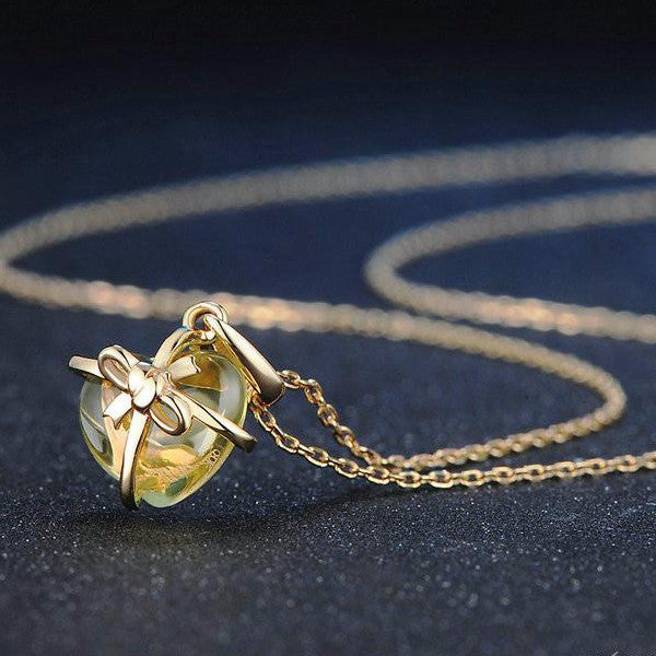 BR CHIC Silver 14K Yellow Gold Plated Bowknot Citrine Heart Pendant Necklace