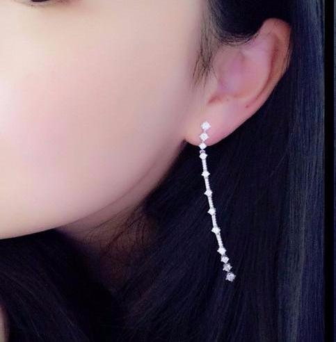 BR CHIC Silver Long Drop Crystals Tassle Earrings