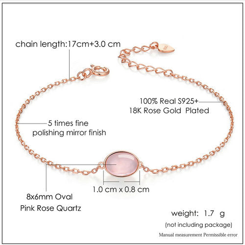 Natural Oval Pink Rose Quartz Charm Rose Gold Plated Sterling Silver Bracelet