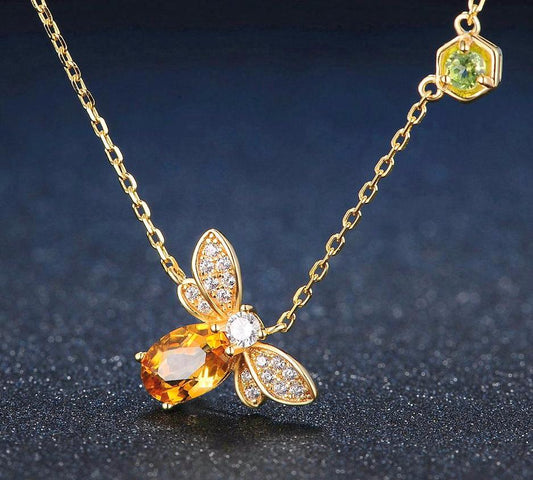 Citrine Honey Bee Silver Jewelry 14K Gold Plated Chain Charm Necklace