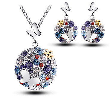 Butterfly on Multi-Color Crystals Flower Necklace & Earring Set